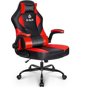 N-GEN Gaming Chair Ergonomic Office Chair PC Desk Chair with Lumbar Support Flip Up Arms Levelled Seat Style Headrest PU Leather Executive High Back Computer Chair for Adults Women Men (4. Red)
