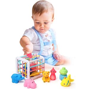 AFGADW Shape Sorter Baby Toys 12-18 18-24 Months, Montessori Toys Bath Toy, Storage Cube Bin & 12 Sensory Shape Blocks, Fine Motor Skills, Birthday for 1 2 3 Year Old Boy Girl Toddlers
