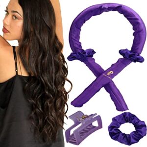 Women Heatless Curls with Hair Clips and Scrunchies, No Heat Curling Rod Headband, Silk Ribbon Sleeping Curls, Comfy Sleep Products, headbands for Accessories, Gifts Women, Purple