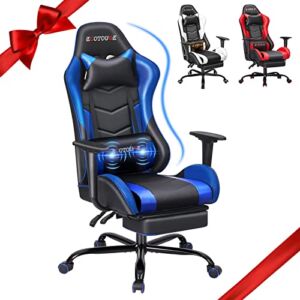 ECOTOUGE PC Massage Gaming Chair with Footrest Ergonomic Office Desk Chair Racing PU Leather Recliner Swivel Rocker with Headrest and Lumbar Pillow, Blue