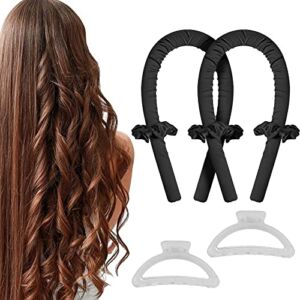 Heatless Curling Rod Headband 2 Packs Women Rubber Hair Rollers with Scrunchie and Hair Clips Heatless Overnight Soft Curls Silk Ribbon for Long Hair（Black）