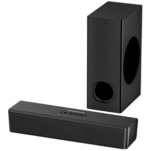 PHEANOO 2.1 Compact Sound Bars for TV with Subwoofer, HDMI ARC/Bluetooth 5.0/Optical/AUX/RCA Connection, Remote Control, Adjustable Bass, Wall Mountable – P15, 140W, 16 inch
