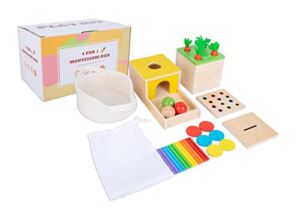 Montessori Toys for 1+ Year Old Baby Gifts,Play Kit Box Includes Carrot Harvest Games,Infant Coin Box,Fine Motor Skills Toys and Object Permanence Box,Montessori Toys for Babies 6-12 Month(4-in-1)