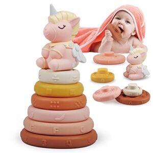 Stacking & Nesting Baby Toys 7 Pcs, Montessori Toys for Babies Squeeze Stacker & Teething Toys, Soft Building Rings with Pink Unicorn, Early Learning Toys for 6 12 18 Months Baby Toddler Boys Girls