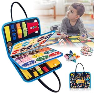 Busy Board for Toddlers,Montessori Sensory Toys Preschool Educational Learning Board Travel Quiet Book for Car Plane Basic Dress Skills Fine Motor Activity Boards Gifts for 1 2 3 4 Year Old Kids Blue