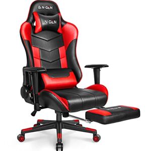 N-GEN Gaming Chair Computer Ergonomic Office Adjustable Lumbar Support Racing Style High Back Desk Headrest Swivel Executive E-Sports Video Game PC Leather Height Reclining with Footrest (2. Red)