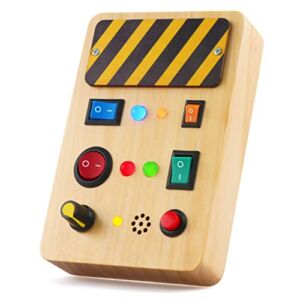 Ouriky Busy Board Montessori Toys for 1 2 3 Year Old Toddler Toys, Wooden Travel Toys with Light Up LED Buttons, Sound Sensory Toys for Toddlers 1-3, Educational Learning Fidget Toys Toddler Gifts