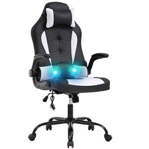 Vnewone Computer Gaming Chair Office PC Ergonomic Executive Desk Racing Rolling Swivel Task PU Leather with Lumbar Support Headrest Adjustable Armrest Massager, White