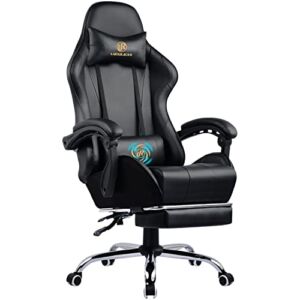 GTRACING Gaming Chair with Massage and Footrest, Computer Chair with Lumbar Support, Height Adjustable Gaming Chair with 360°-Swivel Seat and Headrest for Office or Gaming (Black)