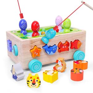 Toddlers Montessori Fishing Wooden Toys, Multifunctional Fishing Animals Educational Learning Toys for 1,2,3,4 Year Old Baby Boys and Girls, Montessori Preschool Shaped & Size Matching Toy Car