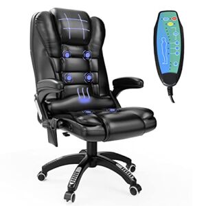 Ergonomic Massage Office Chair with Heated, Faux Leather High Back Executive 6 Pointed Vibrating Computer Gaming Chair with Lumbar Support, Adjustable Back Recline Swivel 360° Desk Chair, Black