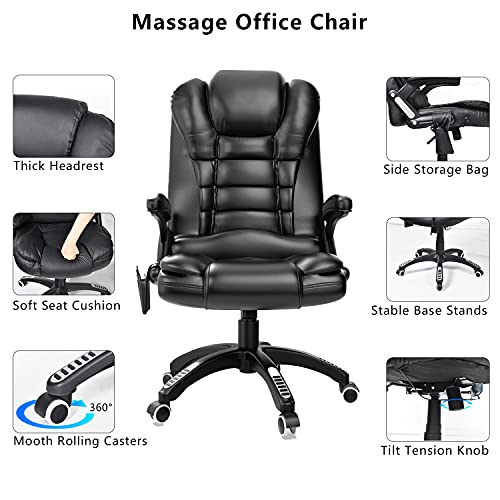 Ergonomic Massage Office Chair with Heated, Faux Leather High Back Executive 6 Pointed Vibrating Computer Gaming Chair with Lumbar Support, Adjustable Back Recline Swivel 360° Desk Chair, Black | The Storepaperoomates Retail Market - Fast Affordable Shopping