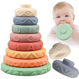 Miawow 8 Pcs Stacking Rings Soft Toys for Babies Newborn 0 3 4 5 6 12 18 Months 1 Year Old Girls Boys – Toddler Sensory Educational Montessori Baby Blocks – Infant Development Teething Learning Tower