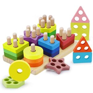 Kizmyee Montessori Toy for 2+ Year Old Toddlers Wooden Sorting and Stacking Toy with 6 Shapes Sensory Toy Educational Toy for Baby Boys Girls and Preschool Kids