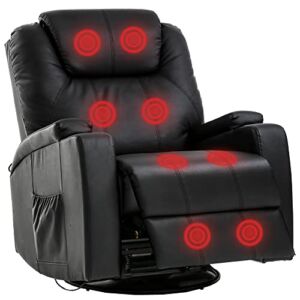 Massage Recliner Chair Rocking Swivel Chair with Heated Massage Ergonomic Lounge 360 Degree Swivel Single Sofa Seat and Two Hidden Cup Holders (Black)
