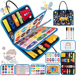 Busy Board for Toddlers,Busy Book Montessori Sensory Toys Preschool Educational Learning Travel Board for Car Plane Basic Dress Skills Fine Motor Activity Boards Gifts for 1 2 3 4 Year Old Kids Blue