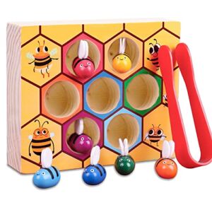 YUNCHY Toddler Fine Motor Skill Toy, Bee to Hive Matching Game, Montessori Wooden Color Sorting Matching Toy, Preschool Educational Learning Toys Gift for Toddler 2 3 Years Old