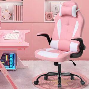 Gaming Chair for Adult, Kids Pink Office Desk Chair Ergonomic High Back Computer Chair with Lumbar Support Flip-up Arms Headrest PU Leather Swivel Task Chair for Girls