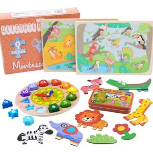 MONTESSORI MAMA Ultimate Toddler Puzzles Gift Pack | Montessori Toys for 1 Year Old and Up | Toddler Learning Toys and Wooden Puzzles for Toddlers 1-3 | Educational Toys for 2 Year Old Learning Clock
