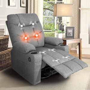 iw I WISH Swivel Rocker Recliner Chairs, Reclining Chair, Massage Recliner, Recliner Chair, with Massage and Heat Function, Cup Holder, USB Port for Living Room (Gray-Fabric)