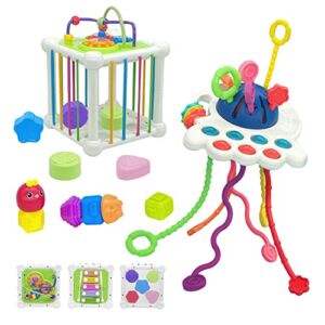 Baby Sensory Bin Set Includes 4 in 1 Montessori Cube with Shape Sorter and Colorful Blocks Balls Sorting Games, Pull String Travel Toys for Toddler Fine Motor Skills