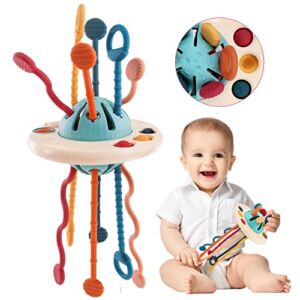 JKHEPL Pull String Airplane Travel Toys for Toddlers 1-3 – Montessori Toys for Babies 6-12 Months UFO Silicone Pull String Activity Toy Sensory Development Mobi Zipee Baby Toys Fine Motor Skills Toys