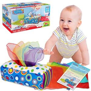 Sensory Pull Along Toddler Infant Baby Tissue Box – Colorful Juggling Rainbow Dance Scarves for Kids STEM Montessori Educational Manipulative Preschool Learning Toys – 5 Month 1-2-Year-Old Activities