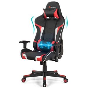 POWERSTONE Gaming Chair – Office Chair Computer Gaming Racing Chair with Lumbar Massager Support – PU Leather Adjustable Arms Headrest High-Back Recliner Ergonomic Rolling Swivel Executive Chair, Red