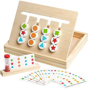 HOONEW Montessori Preschool Learning Toys Slide Puzzle Board Color Shape Sorting Matching Brain Teasers Logic Game Wooden Education Family Travel Toys for Kids Boys Girls Age 3 4 5 6 Years Old
