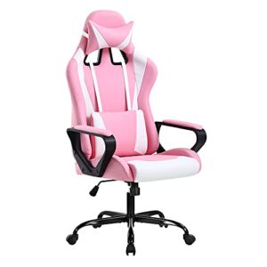 Gaming Chair High Back Ergonomic Leather Office Chair Adjustable Swivel Desk Chair Reclining Racing PC Computer Chair with Lumbar Support and Headrest for Back Pain Adults Teens（Pink）