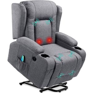 Best Choice Products Electric Power Lift Linen Recliner Massage Chair, Adjustable Furniture for Back, Lumbar, Legs w/ 3 Positions, USB Port, Heat, Cupholders, Easy-to-Reach Side Button – Gray