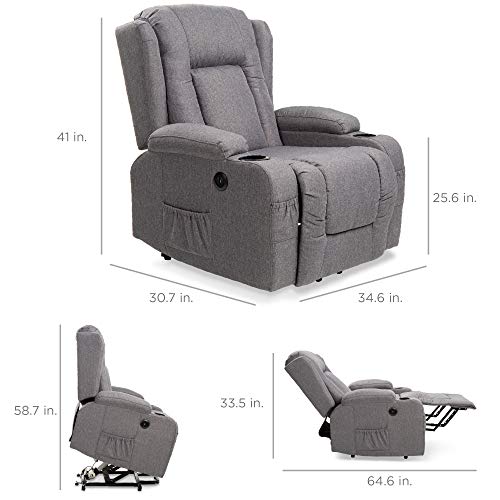 Best Choice Products Electric Power Lift Linen Recliner Massage Chair, Adjustable Furniture for Back, Lumbar, Legs w/ 3 Positions, USB Port, Heat, Cupholders, Easy-to-Reach Side Button – Gray | The Storepaperoomates Retail Market - Fast Affordable Shopping