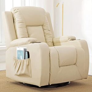 COMHOMA Recliner Chair Massage Rocker with Heated Modern PU Leather Ergonomic Lounge 360 Degree Swivel Single Sofa Seat with Drink Holders Living Room Chair Cream
