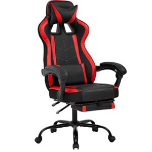 PC Gaming Chair Racing Computer Chair with Reclining Armrest Foot Rest Office Chair Rolling Swivel Vibration Lumbar Support E-Sports Ergonomic Task Desk Chair(Red)