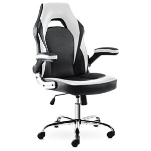 Gaming Chair – Ergonomic Office Chair Flip-up Armrest and Height Adjustable Desk Splicing PU Leather Computer Chair with Lumbar Support, White