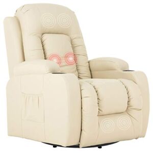 Mecor Massage Recliner Chair PU Leather Rocker with Heat 360 Degree Swivel Single Sofa Seat Ergonomic Lounge with Cup Holders/Side Pockets/Remote Control for Living Room (Beige)