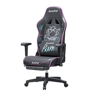 AutoFull Graffiti Gaming Chair Big and Tall Ergonomic Computer Chair Adjustable Rocking Wear-Resistant Super Soft PU Leather Racing Chair with Embroidery Lumbar Support and Footrest,Purple