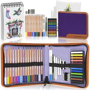 COLOUR BLOCK Drawing Travel Art Set – 60 sheets 6 x 8 Inches Drawing Pad,16 Drawing Colored Pencils Set, 12 Soft Pastels Set, 2 Sketching Pencils, and 8 Assorted Tools in a Canvas Fabric Case