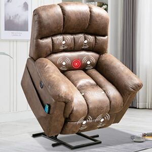 CANMOV Large Power Lift Recliner Chairs with Massage and Heat for Elderly Big People, Heavy Duty Electric Faux Leather Reclining Chairs with USB Port and 2 Side Pockets, Brown