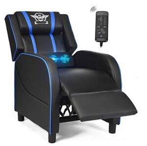 POWERSTONE Gaming Recliner Chair, Reclining Gaming Chair Ergonomic Leather Sofa with Footrest Lumbar Support Headrest and Side Pouch for Living Room Home Theater, Blue