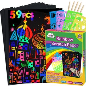 ZMLM Scratch Paper Art Set: 59Pcs Magic Drawing Art Craft Kid Black Scratch Off Paper Supply Kit Toddler Preschool Learning Bulk Toy for Age 3 4 5 6 7 8 9 10 Girl Boy Christmas Birthday Party Gift