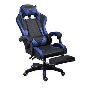 Ergonomic Gaming Chair, Comfortable Gaming Chair with Footrest, Computer Chair Leather Desk Chair Mesh Adjustable Swivel Gaming Office Chair with Lumbar Support（Black/Blue）