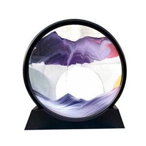 3d Dynamic Moving Sand, Moving Sand Art Picture Round Glass 3d Deep Sea Sandscape in Motion Display Flowing Sand Frame, Relaxing Desktop Home Office Work Decor 7 Inch Purple, Living Room Hourglass