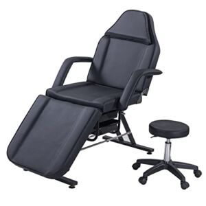 Thanaddo Massage Salon Tattoo Chair with Two Trays， Esthetician Bed with Hydraulic Stool,Multi-Purpose 3-Section Facial Bed Table, Adjustable Beauty Barber Spa Beauty Equipment (Black)