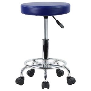 KKTONER PU Leather Round Rolling Stool with Foot Rest Swivel Height Adjustment Spa Drafting Salon Tattoo Work Office Massage Stools Task Chair Cushion 14 inches Blue