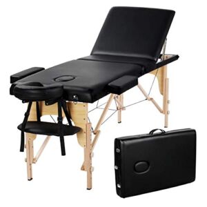 Yaheetech Massage Tables Portable Adjustable Massage Bed Foldable Massage Therapy Table 3 Folding 84 Inch Salon Bed Facial Cradle Bed with Non-Woven Bag, Black