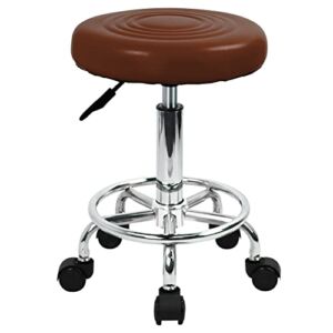 WKWKER PU Leather Stool with Wheels Modern Round Rolling Stool with Footrest 360°Swivel Height Adjustable Stool Chair for Home Work Drafting Spa Salon Massage Beauty Stools Small (Brown)