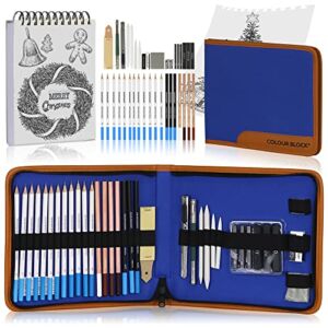 COLOUR BLOCK Sketching Travel Art Set I 37pc Drawing Kit Includes 60 Sheets Sketch Pad, Pencils, Charcoal, Graphite Sticks, Sketch Tools