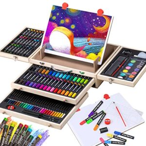 Art Supplies, 108-Piece Wooden Art Set Crafts Kit with Drawing Easel, Deluxe Kids Art Set, Oil Pastels, Colored Pencils, Watercolor Cakes, Creative Gift for Kids, Teens, Beginners Girls Boys