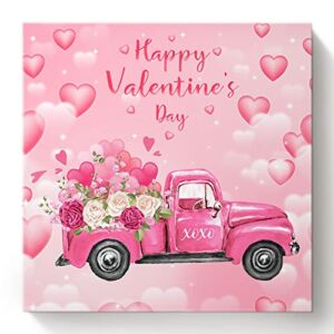 LBDEKOR DIY Oil Painting by Numbers Kit for Kids Beginer, Happy Valentines Day Painting on Canvas Wooden Framed Arts Craft for Adults Home Decor 16″x16″ Truck Rose Love Pink Themed